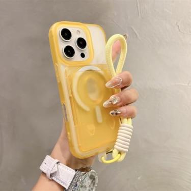 Imagem de Capa magnética transparente fosca com porta-cartões para iPhone 16, 15, 14, 13, 12, 11, 16 Pro Max Plus, alça de pulso, capa e cordão, amarela, para iPhone 16