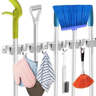 Imagem de Suporte para Vassouras e Rodo de Parede com 9 Acessórios - Porta Vassoura de Parede em Aço Inoxidável Prático para Cozinha e Lavanderia