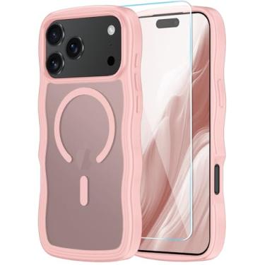 Imagem de SunStory Capa compatível com iPhone 17 Pro Max com protetor de tela HD, [compatível com MagSafe] Capa de celular fosca translúcida ondulada fofa para iPhone 17 Pro Max, rosa