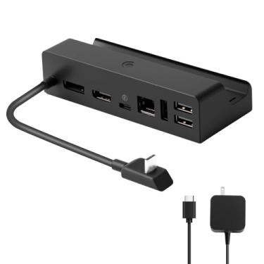Imagem de Estação de ancoragem para Steam Deck e Steam Deck OLED com carregador, base Steam Deck 7 em 1 com adaptador CA de 45 W, HDMI, porta USB, Gigabit Ethernet, base de carregamento Steam Deck (estação de