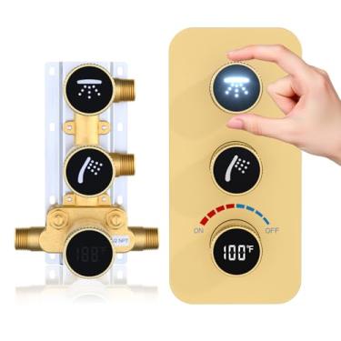 Imagem de Kit de válvula de chuveiro de latão áspero e acabamento com ícones de LED e exibição de temperatura, kit de válvula de mistura de desvio de chuveiro bidirecional, ouro escovado