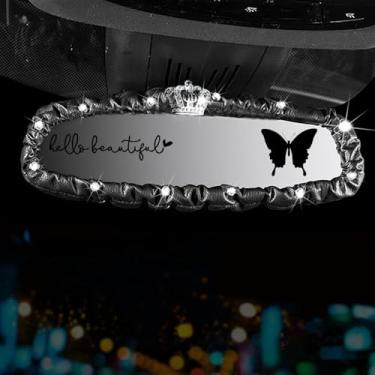 Imagem de Dotesy Capa de espelho retrovisor com 3 peças, capa de espelho retrovisor automático de couro PU elástico com acessórios internos de carro borboleta ajuste universal para decoração de carro feminino