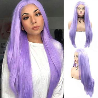 Imagem de Perucas de cabelo sintético roxo para mulheres, perucas longas e retas com frente de renda, pré arrancadas, lilás roxo claro, peruca frontal sintética sem cola, fibra resistente ao calor, cosplay 61