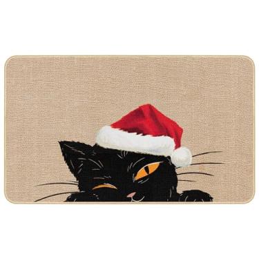 Imagem de Tapete de porta de Natal, tapete de entrada de gato preto antiderrapante engraçado Natal inverno chapéu de Papai Noel decoração de casa 64 x 43 centímetros capacho de cozinha de borracha para entrada