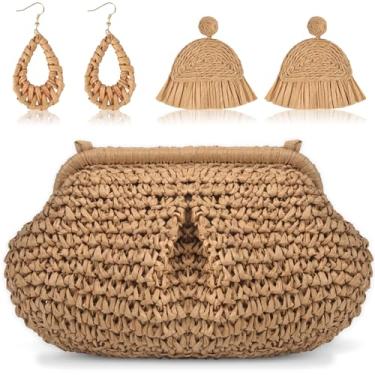 Imagem de Conjunto de bolsa feminina de palha - Clutch de tecido nuvem com 2 pares de brincos, bolsa transversal de férias de verão na praia com alça
