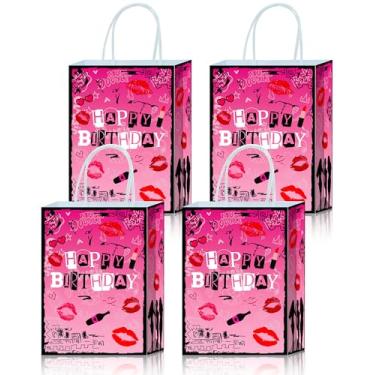 Imagem de Roselush 16 peças de sacos de presente rosa para aniversário de meninas - Y2K sacos de brinde de papel, sacolas de lembrancinhas de festa rosa preta para aniversário, decorações de festa do pijama