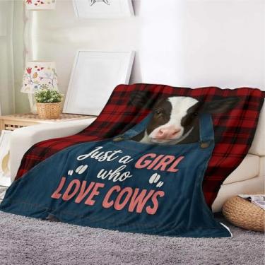 Imagem de Cobertor Just a Girl Who Loves Cows – Linda estampa de vaca para meninas, mulheres, amantes de vacas – Cobertor de lã macio com xadrez vermelho – Presentes temáticos de vaca para ela (75 x 99,8 cm)