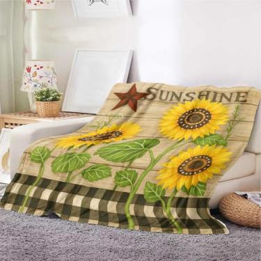 Imagem de Cobertor de girassol para casa de fazenda – Cobertor floral vintage rústico com borda xadrez de búfalo | Manta aconchegante de lã para sofá, cama | Presente de decoração country sunshine (129,8 x