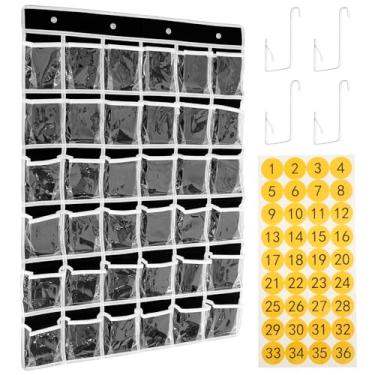 Imagem de 36 Frames Closet Pocket Chart, Mobile Phone Hanging Pocket Transparent Storage Hanging Pocket Hanging Bag with 36 Number Stickers Easy to Fit Storage Hanging Pocket for Classroom(Black)