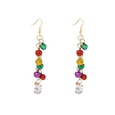 Imagem de Brincos femininos coloridos com pingente de corrente de borla de sino de Natal - Laço quadrado de cristal esmaltado, enfeite fofo, gancho, gancho, bijuteria moderna de Natal para mãe e tia, Long
