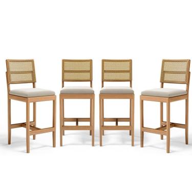 Imagem de Kit Com 4 Banqueta Milena Madeira Maciça Assento Estofado Encosto De Tela Palha Sextavada Veludo Bege 102