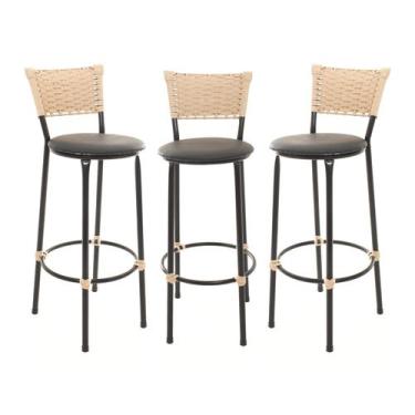 Imagem de KIT 3 Banquetas Tricô Náutico BEGE Alta Bancada Balcão Cozinha Area de