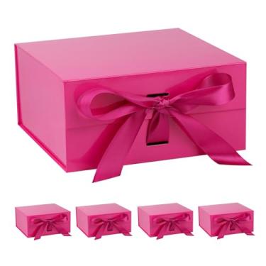 Imagem de OEMVALATY Caixa de presente rosa brilhante, caixas de presente de 35 x 30 x 12 cm com tampas para presentes com fecho magnético e fita para casamento, armazenamento, aniversário (pacote com 5)