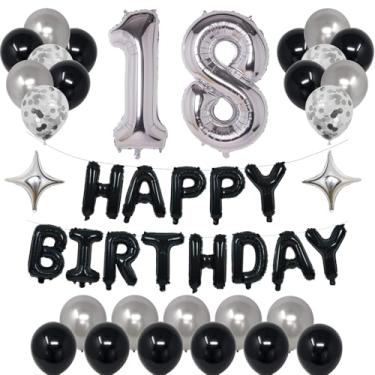 Imagem de NANINUNENO Decorações de festa de aniversário em prata preta para meninos e meninas, homens e mulheres, artigos de festa de aniversário de 18 anos com faixa preta de feliz aniversário, 18 balões de números, estrelas prateadas, balões de feliz aniversário para aniversário de 18 anos
