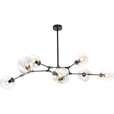 Imagem de Lustre E27 Nordic Glass Ball Chandelier Altura ajustável, Lustre preto fosco, E26 Metal Hand Blow Branches Pendant Light, Luminárias de globo de meados do século de 79"