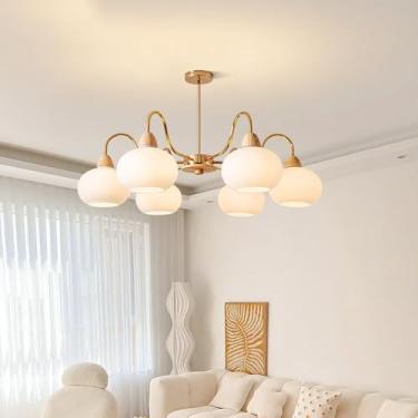 Imagem de Lustre de madeira com 5 luzes de vidro leitoso, moderno de meados do século, Sputnik, luminária de teto, estilo fazenda, vintage, grande, pendente, para sala de estar, quarto, sala de jantar