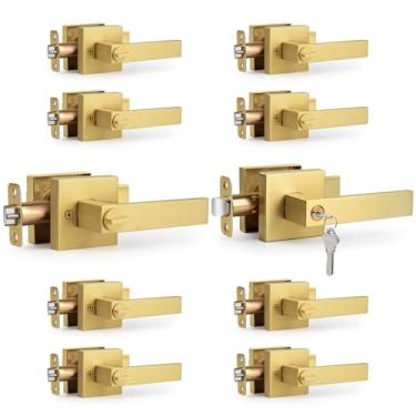 Imagem de LOQRON Pacote com 10 maçanetas de porta de entrada com chave não igual, ouro escovado, maçaneta de porta interior/exterior de design quadrado com chave e trava, alça reversível para fechadura de porta