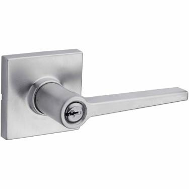 Imagem de Kwikset Safelock SL6000DALSQT-26D Maçaneta Daylon com botão quadrado rosa trava de entrada com trava RCAL e acabamento cromado acetinado RCS Strike