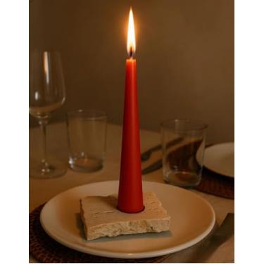 Imagem de Kit Castiçal Pedra de travertino Natural Retangular com Vela Decorativa Vermelha Design Rústico e Sofisticado