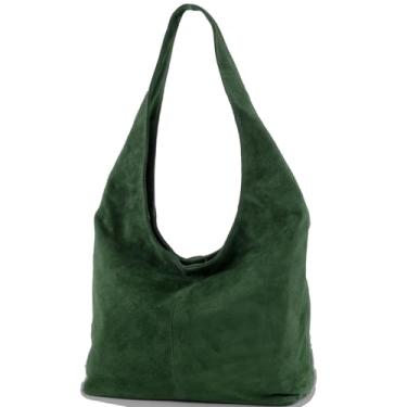 Imagem de T150 Bolsa de ombro feminina grande camurça feita à mão na Itália, Preto, verde, Large, Hobo, Shopper