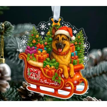 Imagem de Enfeite de Natal de pastor alemão em acrílico - Filhote de pastor alemão em trenó de Papai Noel - Animal de estimação fofo - árvore de Natal - presente para amantes de cães