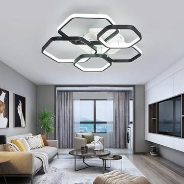 Imagem de Luminária de teto hexagonal moderna com controle remoto e alto brilho LED para sala de estar e quarto (preto 54x54x9,5 cm)