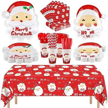 Imagem de durony Conjunto De Talheres Para Festa De Natal De 201 Peças Toalha De Mesa Descartável De Papai Noel, Pratos De Papai Noel De 7 E 9 Polegadas, Guardanapos, Copos, Canudos, Talheres Para Suprimentos D
