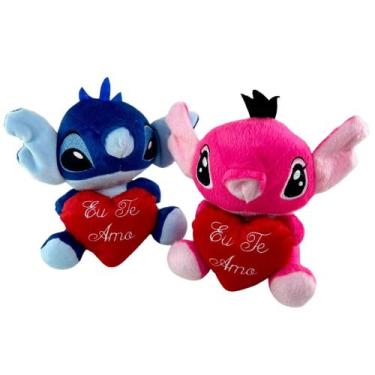 Imagem de Urso Stitch de Pelúcia 20 cm com Coração Bordado "Eu Te Amo" Rosa e Az