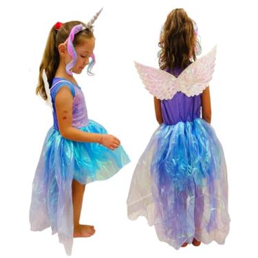 Imagem de Fantasia Unicórnio Infantil com Vestido Azul e Roxo, Tiara com Chifre e Asas Brancas – Meninas Carnaval e Festa (M)