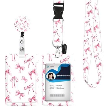 Imagem de Porta-crachá de identificação com cordão retrátil e chaveiro, carretel de crachá com clipe de mosquetão giratório, laço de fita aquarela, etiqueta de nome, cordão, protetor de identidade, clipes para