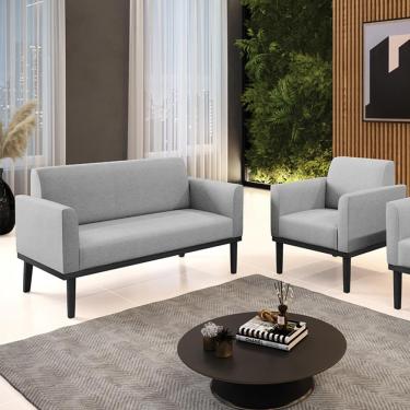 Imagem de Conjunto Poltrona e Namoradeira Decorativa Isabella Pés Fixo em Madeira Preto Linho Cinza G19 - Gran Belo