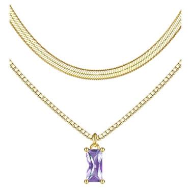 Imagem de Colares femininos com pedra do mês de nascimento de ouro - Colar delicado banhado a ouro 14K em camadas com pingente de diamante verde brilhante, simples, leve, conjunto de colar de corrente de ouro