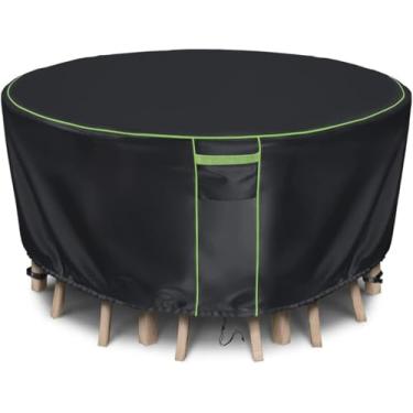 Imagem de HIGHTQURO Conjunto de capa de mesa redonda para mesa de jardim ao ar livre, capa de móveis 600D à prova d'água, resistente a rasgos e anti-UV, 122 cm de diâmetro x 71 cm A, preta