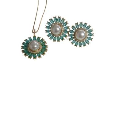 Imagem de Conjunto Floral com Zircônias e Pérola, Banho de Ouro 18k, Acessório Feminino