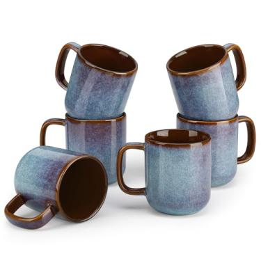 Imagem de vancasso Conjunto de 6 canecas de café de cerâmica de 473 ml para chá quente americano, café gelado, fermentação fria, cacau, leite de grés, conjunto de canecas para lava-louças e micro-ondas, azul