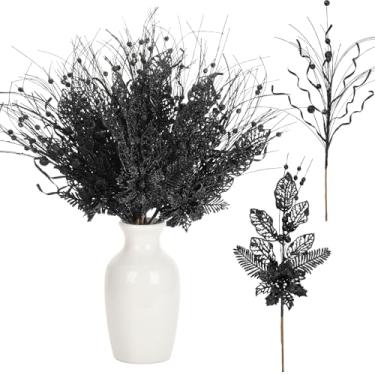 Imagem de Yunlly 24 peças, enchimento de árvore com glitter, 43,3 cm, para decoração de árvore de Natal, galhos brilhantes para casamento, galhos artificiais para casamento (preto)