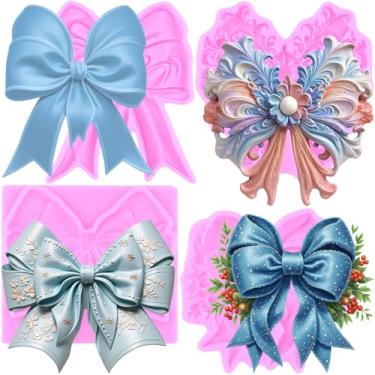 Imagem de MIYAHOUSE Bow Fondant Molde de silicone para decoração de bolos, topo de cupcake, pasta de goma de chocolate, argila de polímero, conjunto de 4