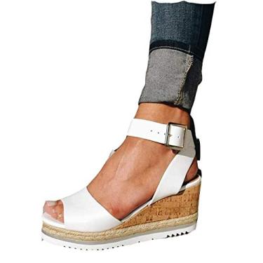 Imagem de Bigfanshu Sandália anabela feminina boca de peixe aberta fivela tira de borracha dourada tornozelo PU sólido sapatos de salto alto, Branco, 34 BR