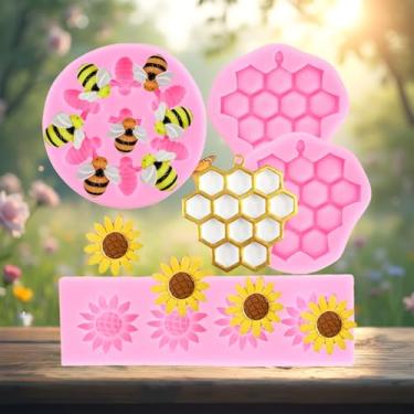 Imagem de Bumble Bee Molde de silicone moldes de fondant de abelha favo de mel girassol molde de chocolate doce para decoração de bolos topo de cupcake argila polímero conjunto de 4