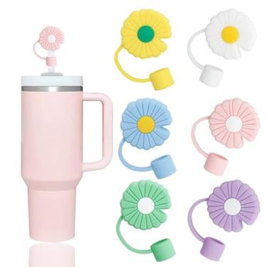 Imagem de 6 peças de capas de palha de flores adoráveis compatíveis com copos Stanley de 30 e 1,134 g, protetores reutilizáveis e fofos de silicone para canudos StanleyCups de 10 mm