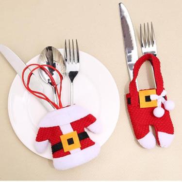 Imagem de 3 peças de decorações de Natal, decorações de mesa, facas de Natal e capas de garfo, calças vermelhas de boneco de neve de Natal, decoração de jantar de festa de Natal, melhor para o dia de Ação de