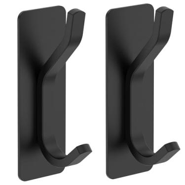 Imagem de 4 ganchos autoadesivos de aço inoxidável 304 ganchos extra pegajosos à prova d'água para pendurar na parede, ganchos duplos de metal adesivo para chaves, chapéu, banheiro, cozinha, preto