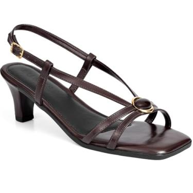 Imagem de Sandália Feminina Lumiss Salto Baixo Fino Confortável Bico Quadrado Enfeite Pedra Fivela marrom34