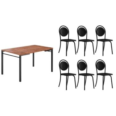 Imagem de Sala de Jantar Completa 1526 c/ Tampo Madeirado 160x90cm e 6 Cadeiras 1738 Preto/Corano Preto - Carraro