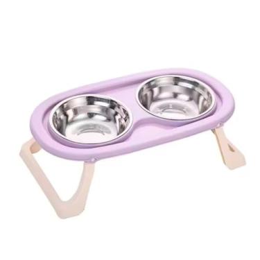 Imagem de Comedouro e Bebedouro Duplo Dobrável Elevado para Cães e Gatos – Tigelas Inox Removíveis com Suporte Ergonômico Antiderrapante(Roxo)