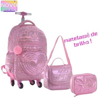 Imagem de Kit Mochila Coração Glitter Rodinha 360 Feminina Escolar Candy Collor 