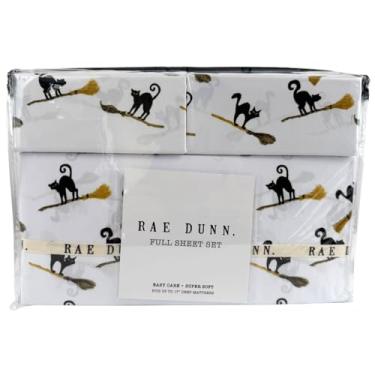 Imagem de Jogo de lençol completo Rae Dunn - Gato preto e vassoura Halloween - Lençóis de tamanho casal com bolso profundo - Poliéster macio e fácil de cuidar