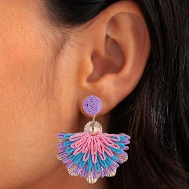 Imagem de Brincos femininos boho com pingente de flor marrom, azul, verde, amarelo, rosa, cauda de pavão, ráfia, relva, brincos El brinco boêmio, joias, presentes de Ação de Graças, presentes