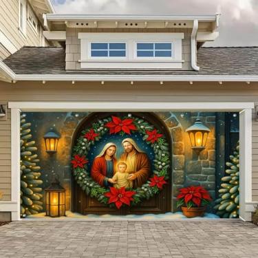 Imagem de HOMETITUTE Faixa de porta de garagem de 4 x 1,8 m para presépio, guirlanda de Natal, bebê, Jesus Maria José, poliéster, grande, decoração ao ar livre, para festas de fim de ano, inverno, quintal, casa
