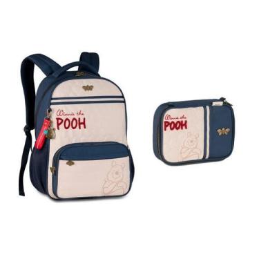 Imagem de Kit Mochila Costas Ursinho Pooh Azul Juvenil Estojo Box Original Azul 